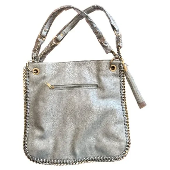 Silver & Gold Tone Chain-Trimmed Shoulder Bag - Picture 1 of 11